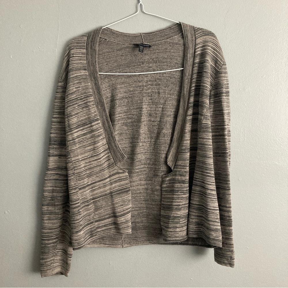 Eileen Fisher Striped Grey Open Cardigan Long Sleeve Size Medium